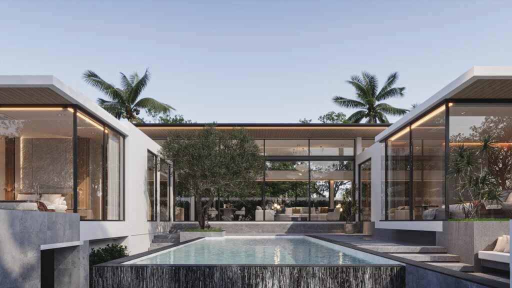 Amber Chamber private pool villa exterior at dusk